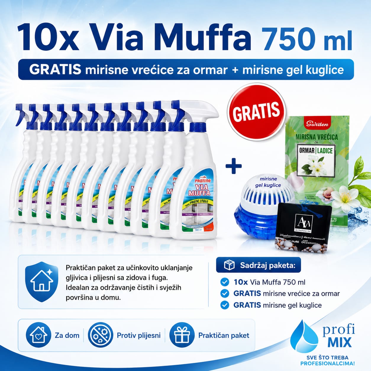 10x Via Muffa 750ml GRATIS mirisne vrećice za ormar + mirisne gel kuglice