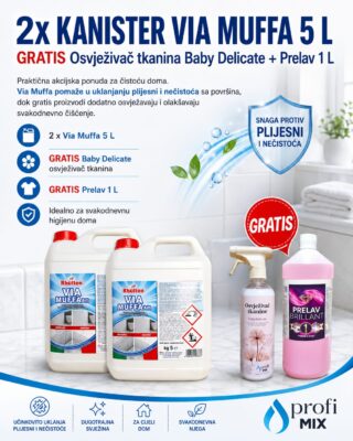 2x Kanister Via muffa 5l GRATIS Osvježivač tkanina baby delicate + Prelav 1l