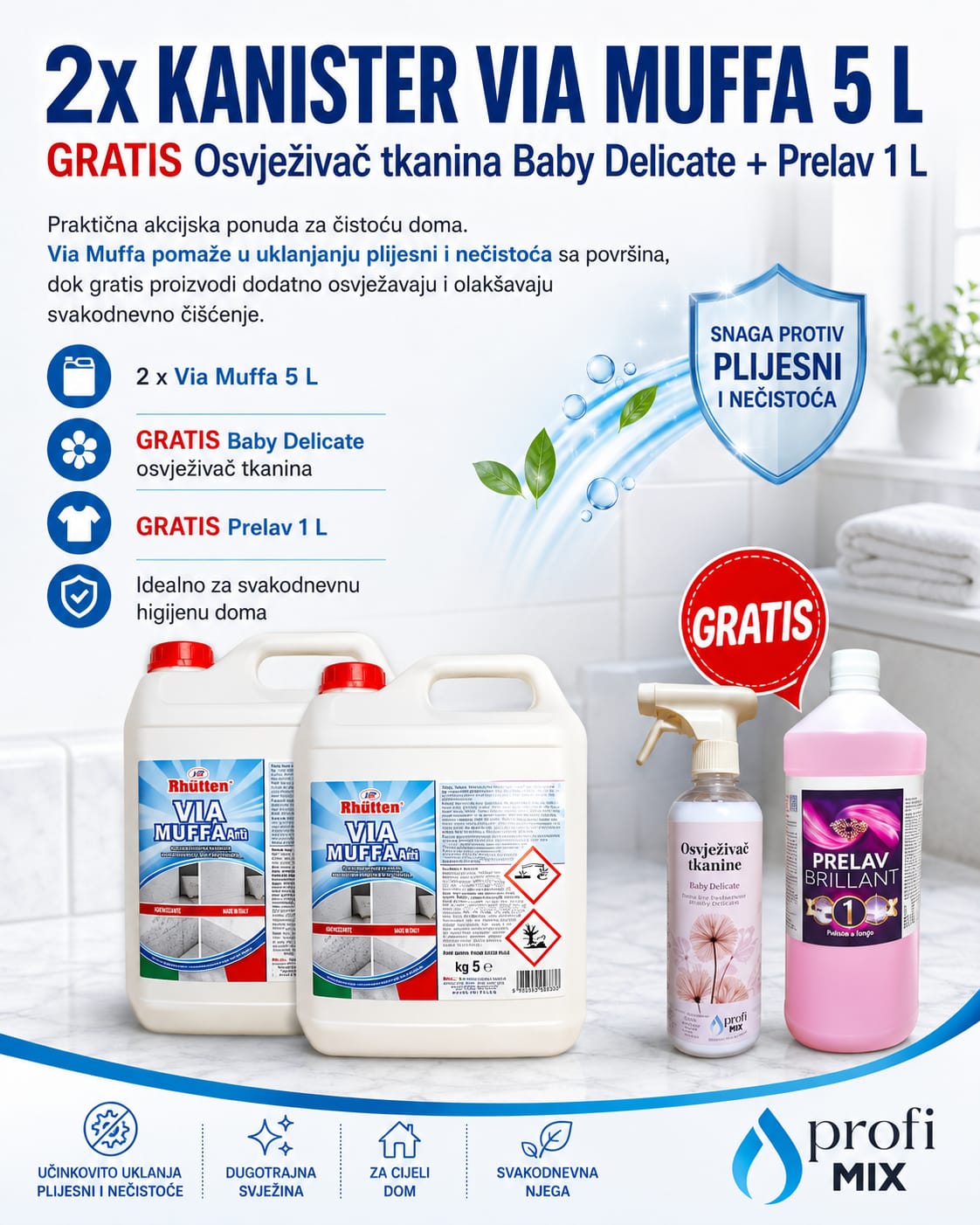 2x Kanister Via muffa 5kg, GRATIS Osvježivač tkanina baby delicate + Prelav 1l