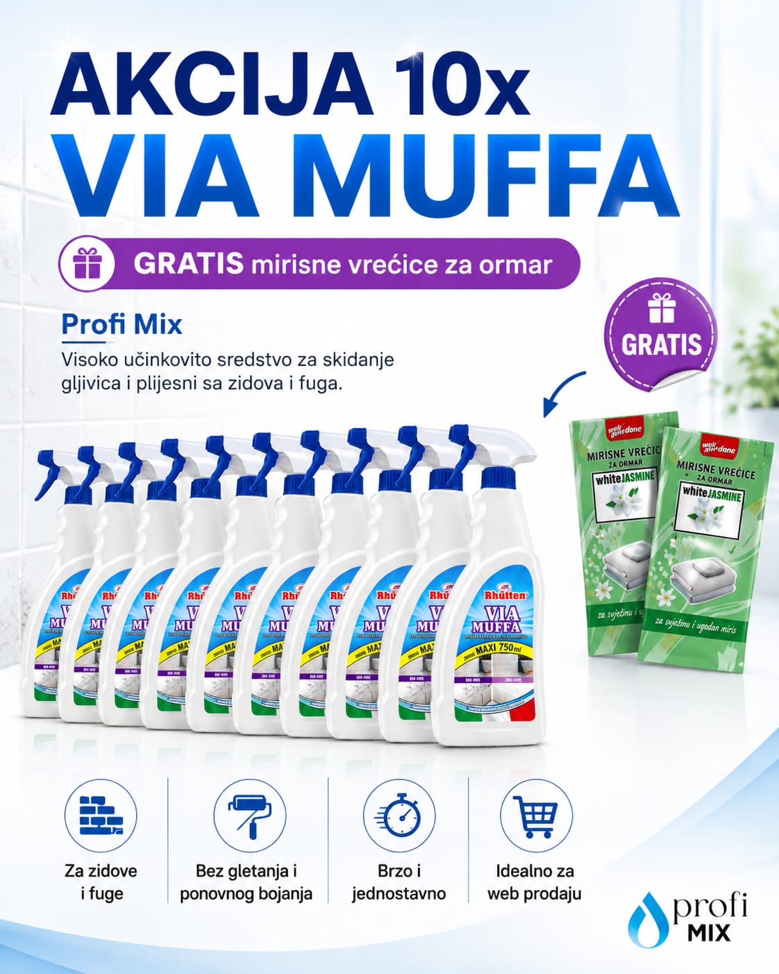 10x Via Muffa 750ml GRATIS mirisne vrećice za ormar + mirisne gel kuglice