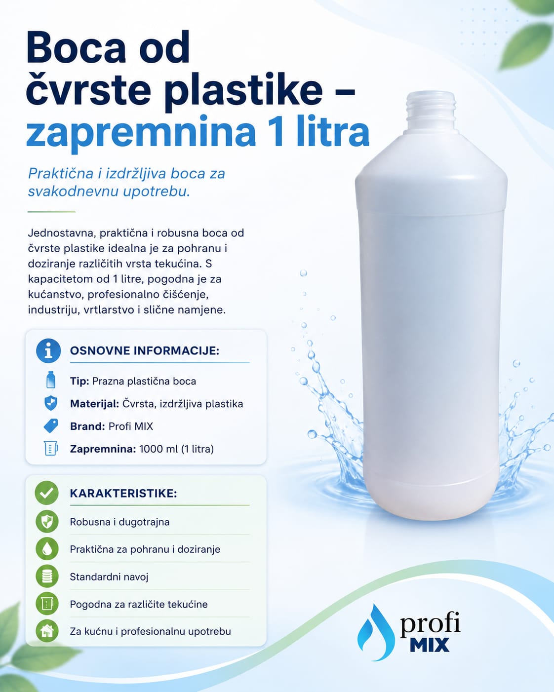 Boca od čvrste plastike, zapremnina 1 litra.