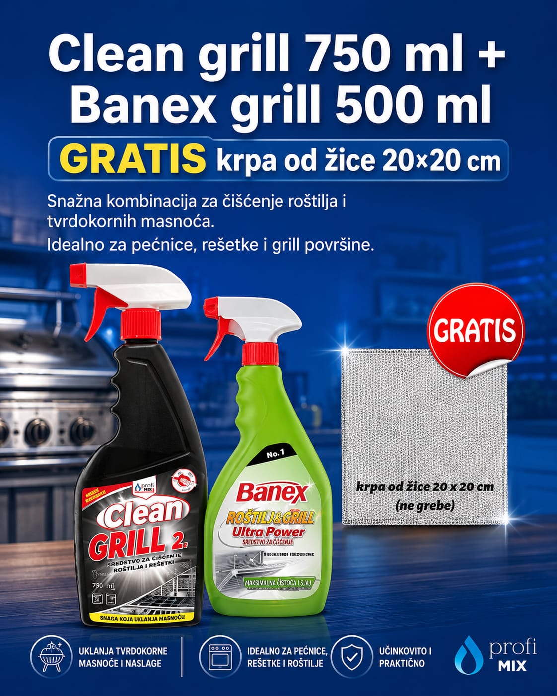 Clean grill 750ml + banex grill 500ml GRATIS krpa od žice 20x20 cm