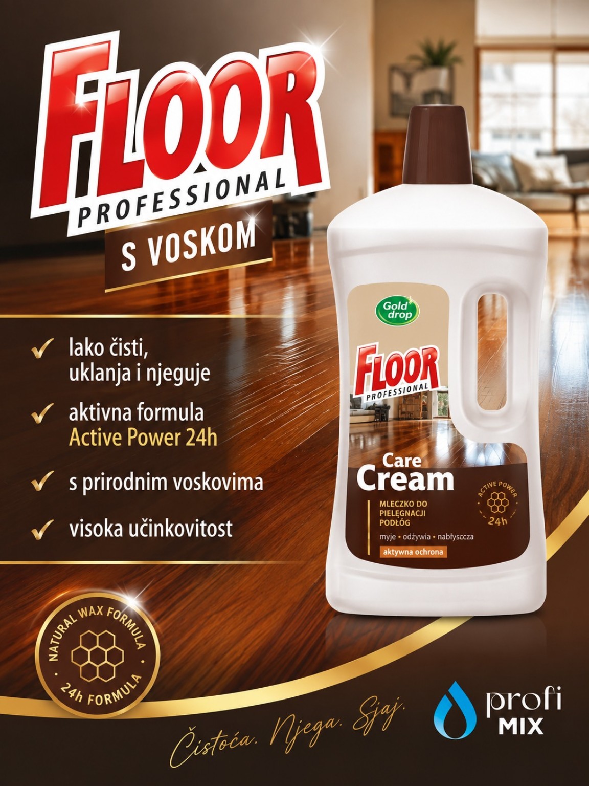 FLOOR professional Care Cream s prirodnim voskovima 1 L za čišćenje i njegu podova