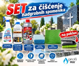 Set za čišćenje nadgrobnih spomenika s pet proizvoda i četkom ribačom s drškom na poklon