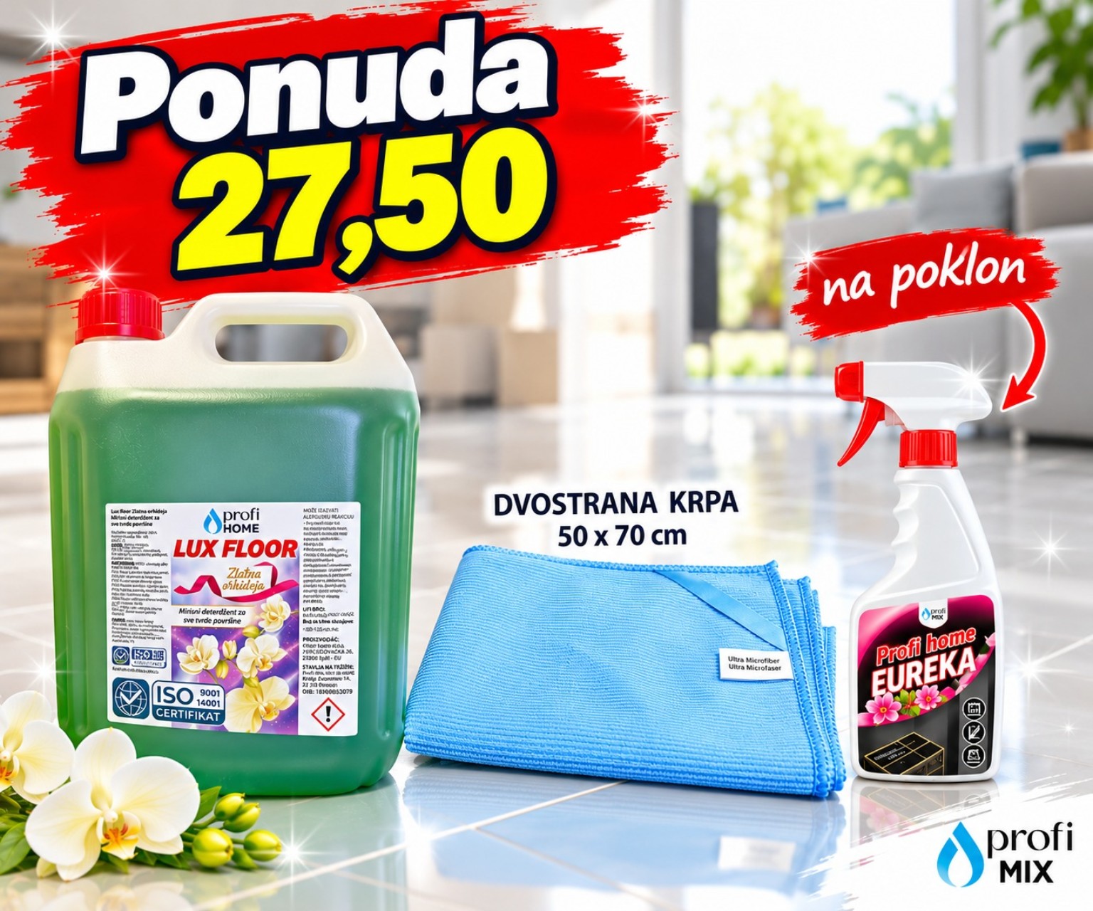 LUX FLOOR Zlatna orhideja 5 L i dvostrana krpa 50 × 70 cm uz EUREKA profi home 750 ml na poklon