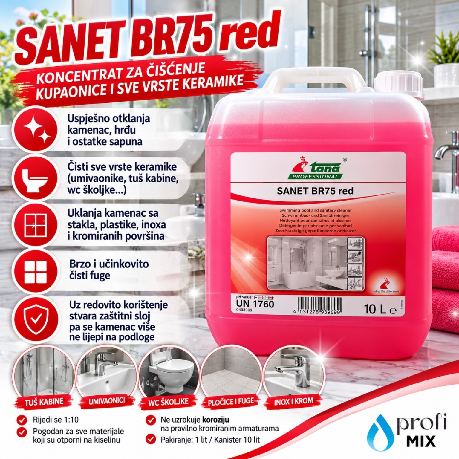 SANET BR75 red 10 l – Tana Professional koncentrat za čišćenje kupaonice, keramike i fuga