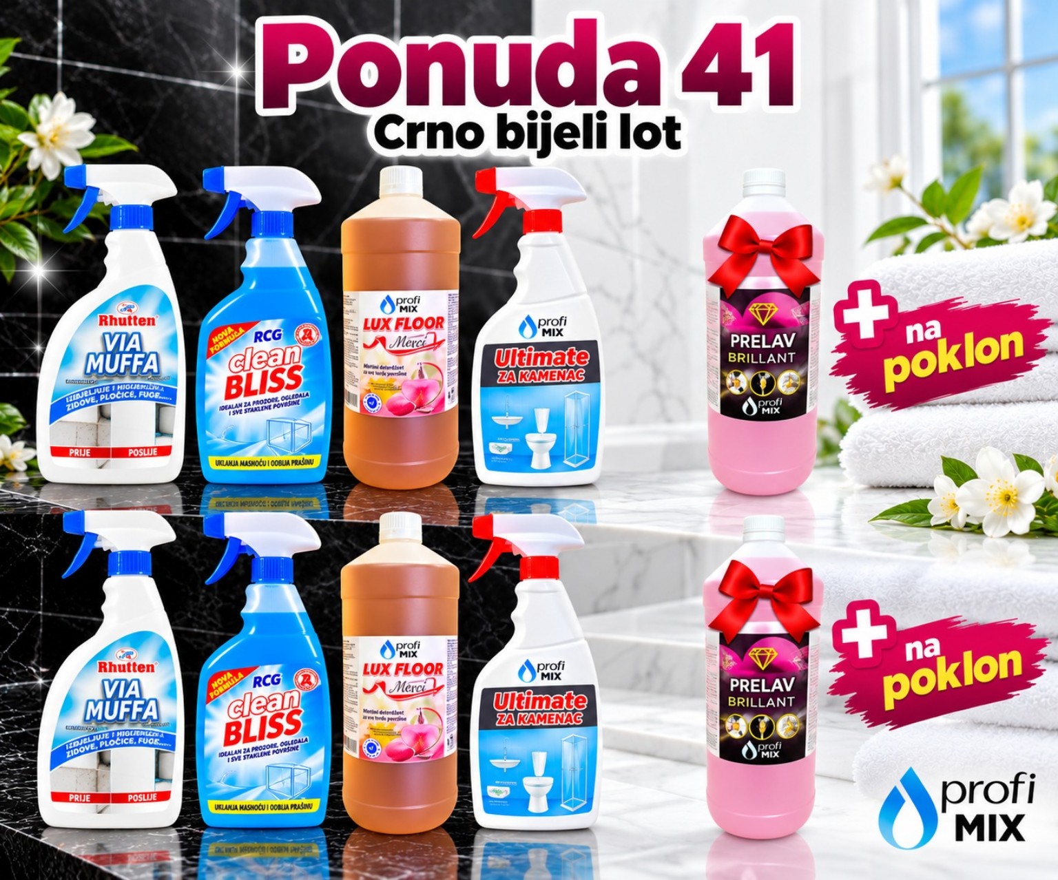 Crno bijeli lot – po dva Via Muffa, Clean Bliss, Lux Floor Merci i Ultimate za kamenac te dva Prelava Brillant na poklon
