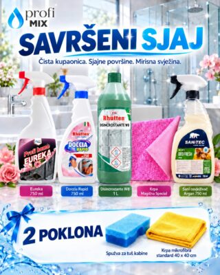 Ponuda Savršeni sjaj: pet proizvoda za kupaonicu i dva poklona, spužva za tuš kabine i mikrofibra krpa.