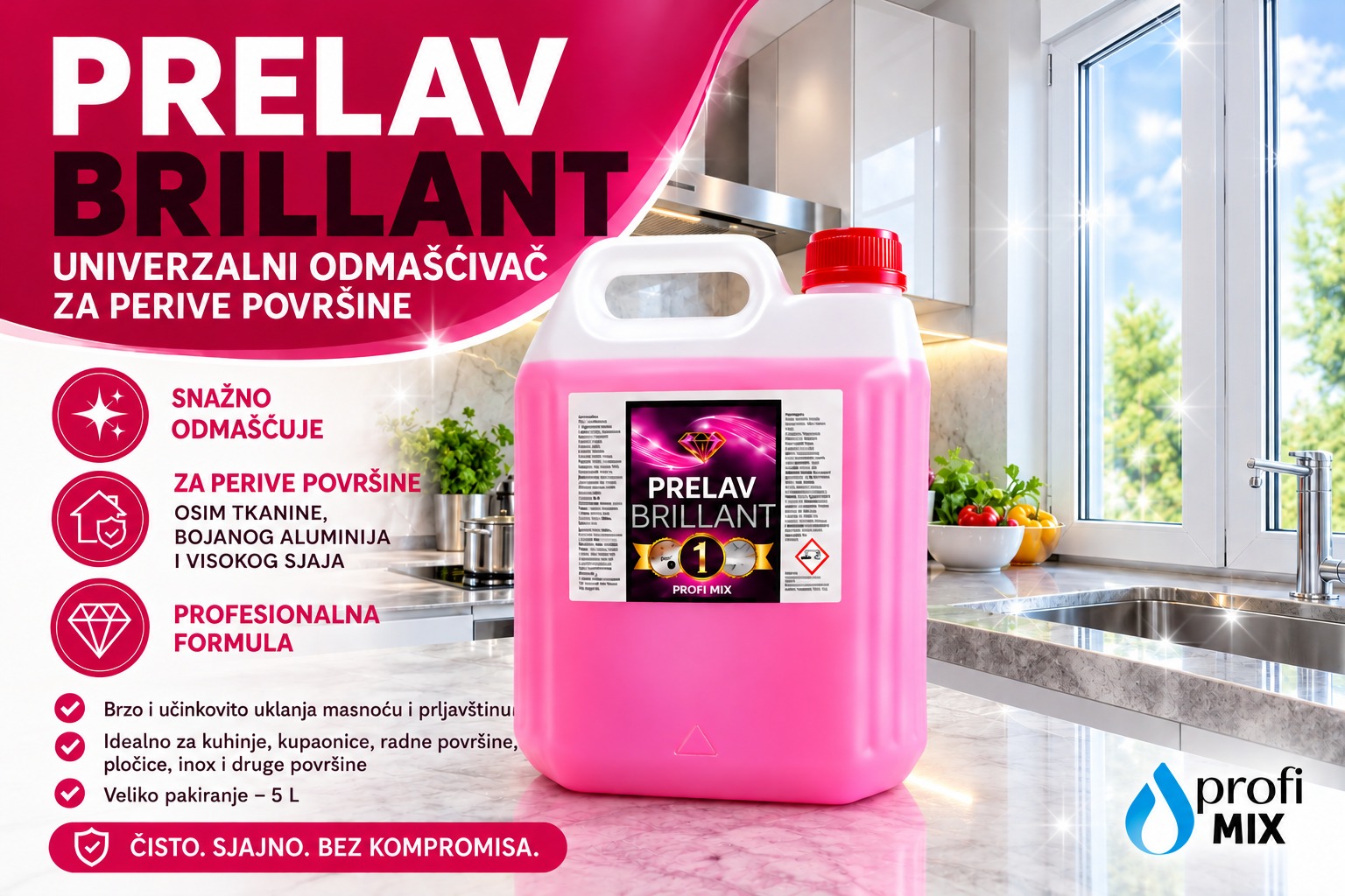 PRELAV BRILLANT 5 L – univerzalni odmašćivač za perive površine, Profi Mix