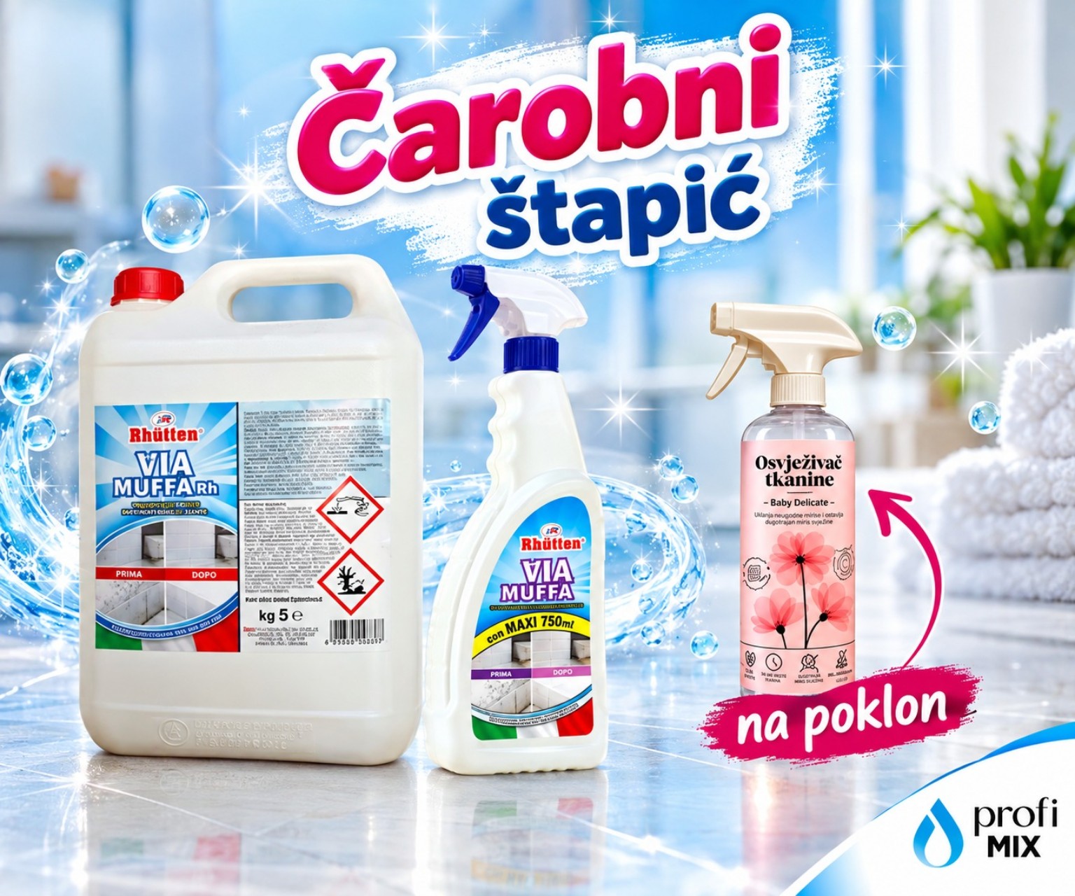 Čarobni štapić – VIA MUFFA kanister 5 kg, boca 750 ml i BABY DELICATO osvježivač tkanina 500 ml na poklon