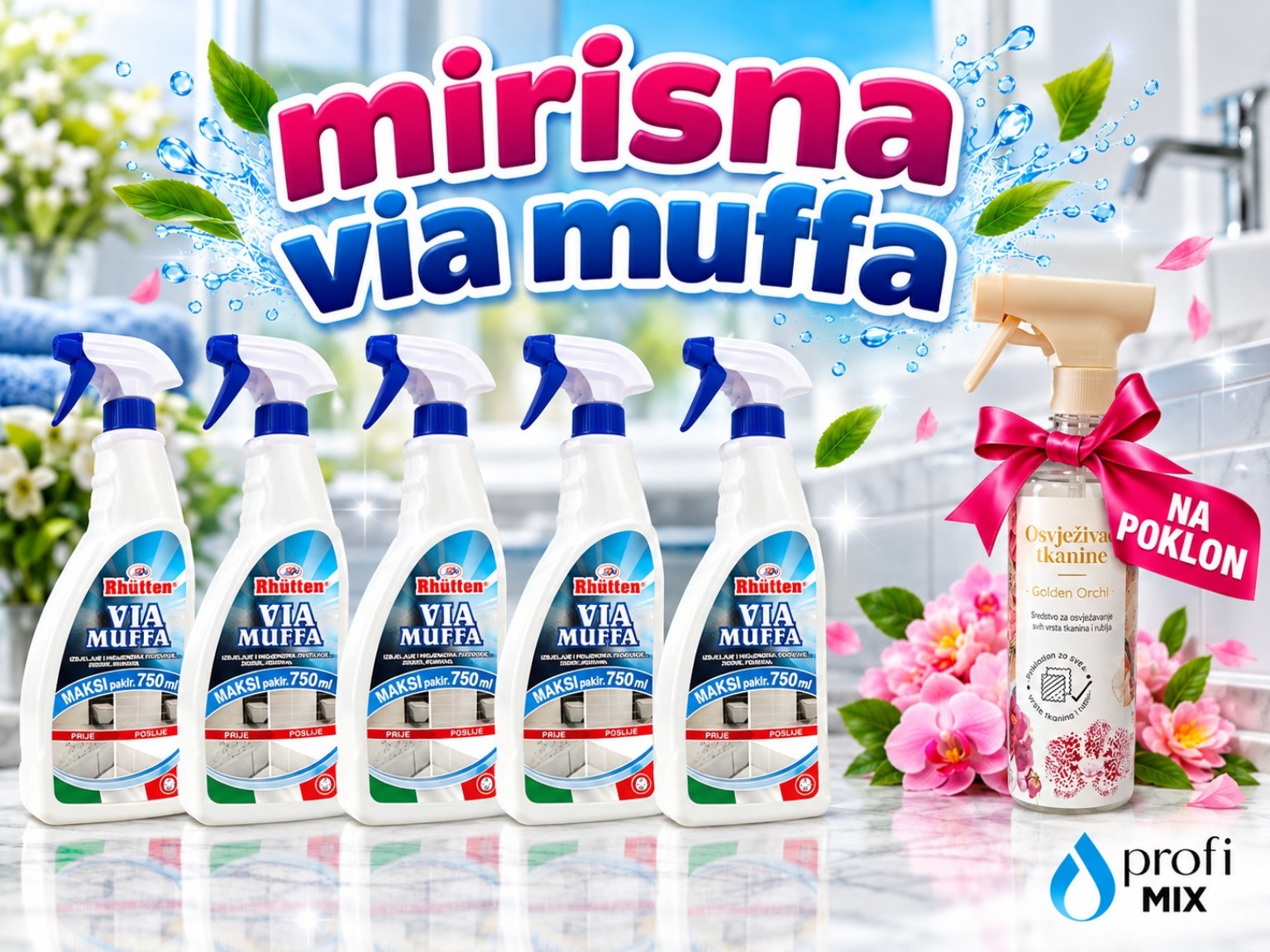 Mirisna Via Muffa – pet boca VIA MUFFA 750 ml i Zlatna orhideja osvježivač tkanina 500 ml na poklon