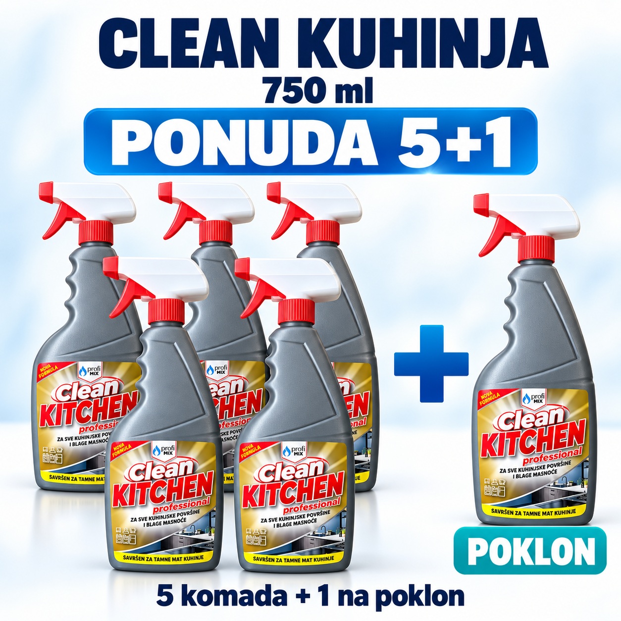 Pet boca Clean kuhinja 750 ml i šesta ista boca na poklon – ponuda 5+1
