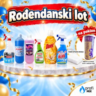 Rođendanski lot sa šest proizvoda za čišćenje, vrećicama za smeće i nano spužvom na poklon